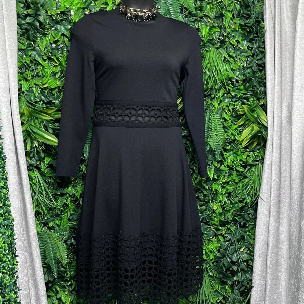 Lela Rose Dress Size 16 Black Lace Cutout Waist Hem Long Sleeve A-Line Midi 3770